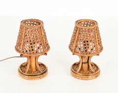 Coppia di lampade da tavolo in bambù, rattan e paglia di Vienna, Sognot, Italia anni '60
