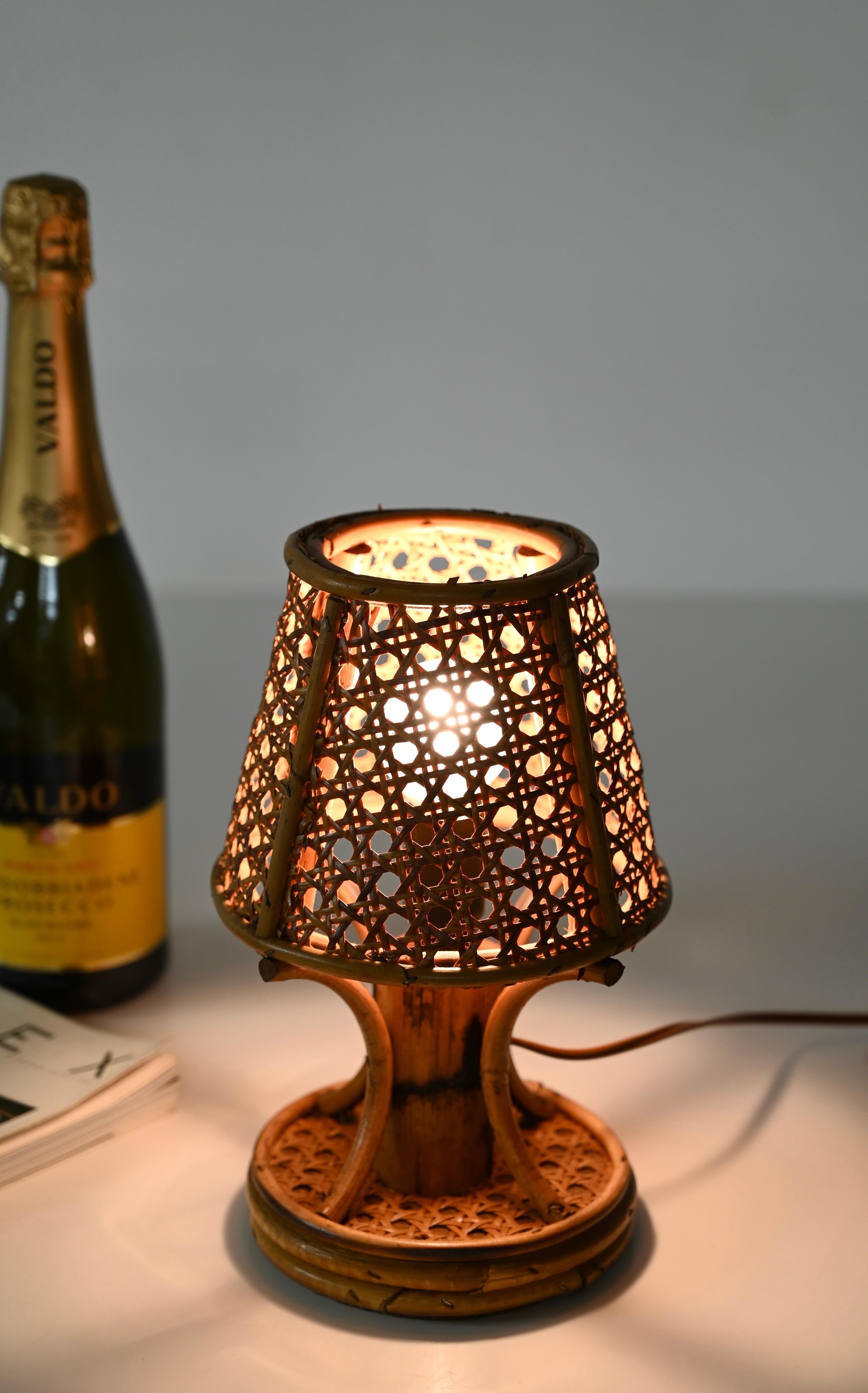 Italian Pair of Table Lamps in Bamboo, Rattan and Vienna Straw, Sognot, Italy 1960s