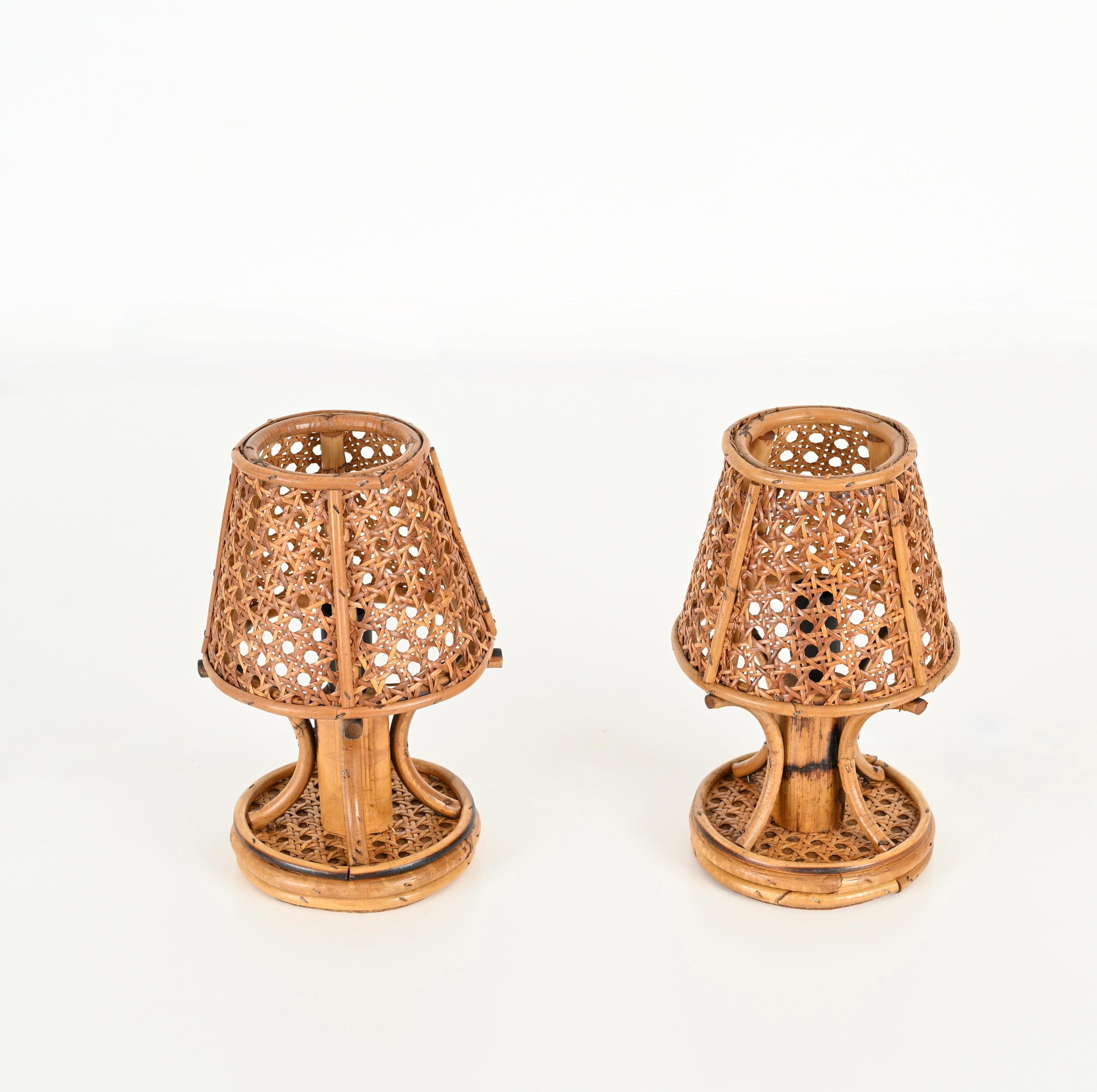 20th Century Pair of Table Lamps in Bamboo, Rattan and Vienna Straw, Sognot, Italy 1960s