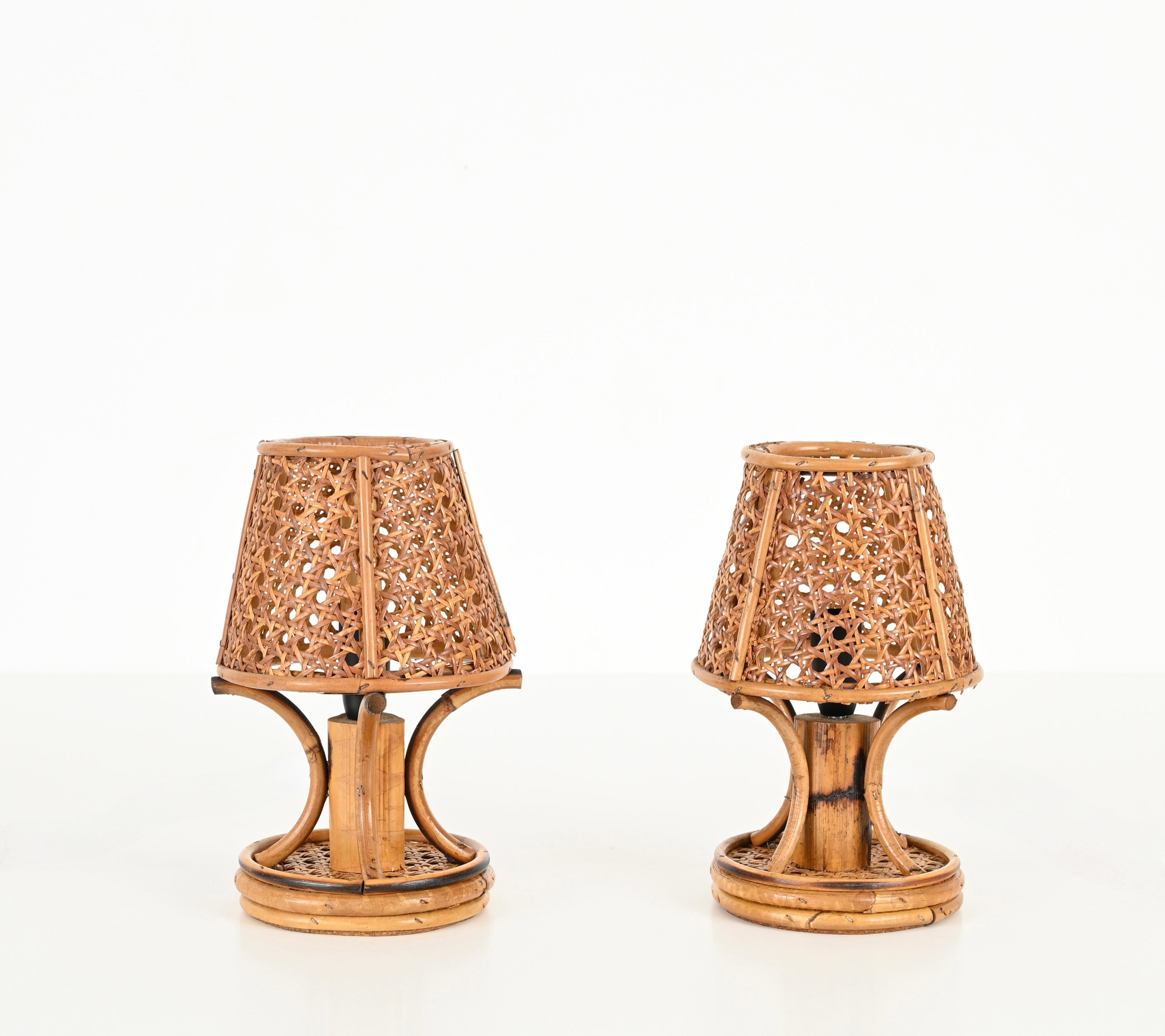 Pair of Table Lamps in Bamboo, Rattan and Vienna Straw, Sognot, Italy 1960s 1