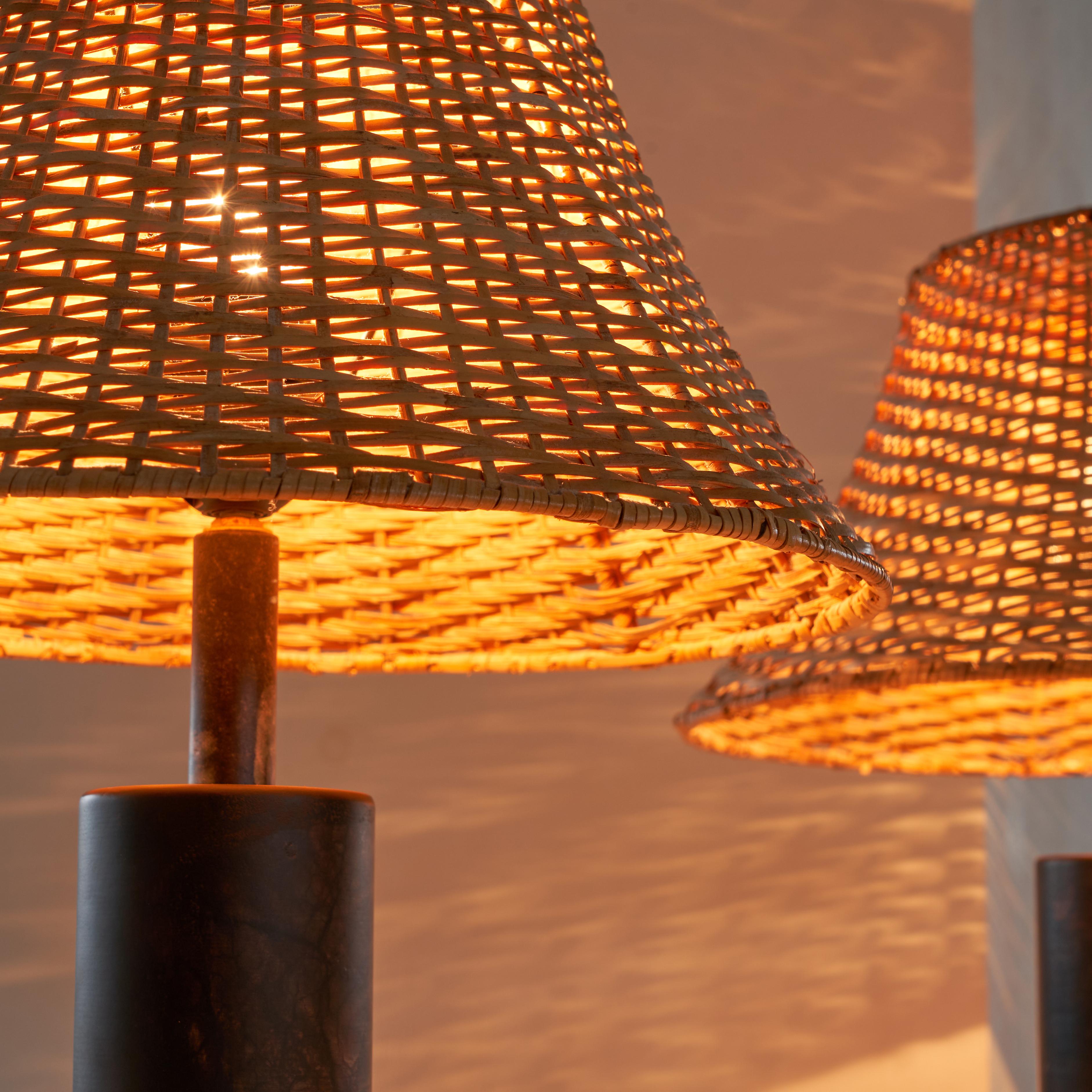 Mid-Century Modern Pair of Table Lamps in Black Alabaster and Rattan, 1970s