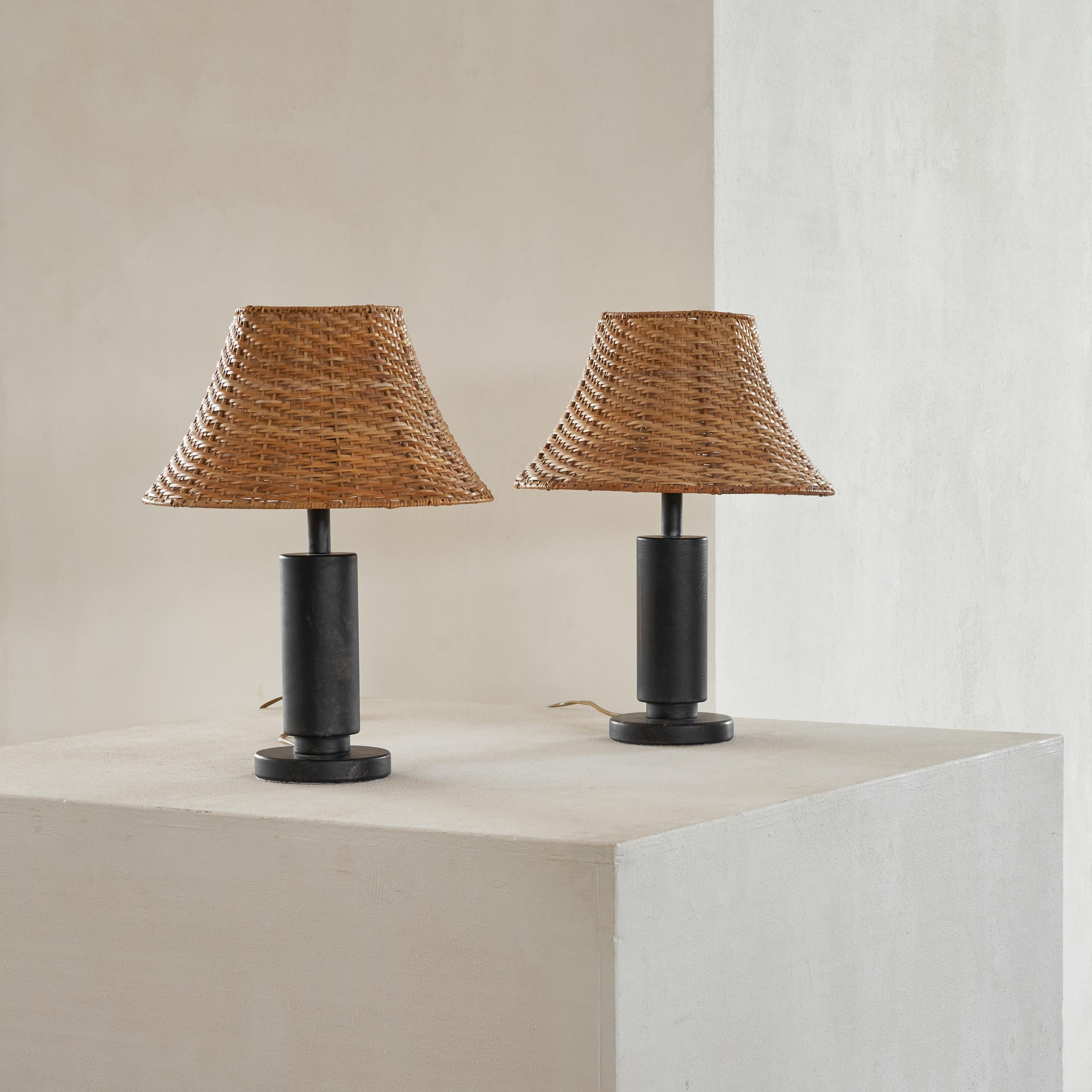 20th Century Pair of Table Lamps in Black Alabaster and Rattan, 1970s