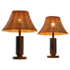 Pair of Table Lamps in Black Alabaster and Rattan, 1970s