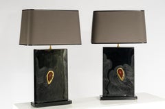 Coppia di lampade da tavolo in resina nera con intarsio di agate di Stan Usel