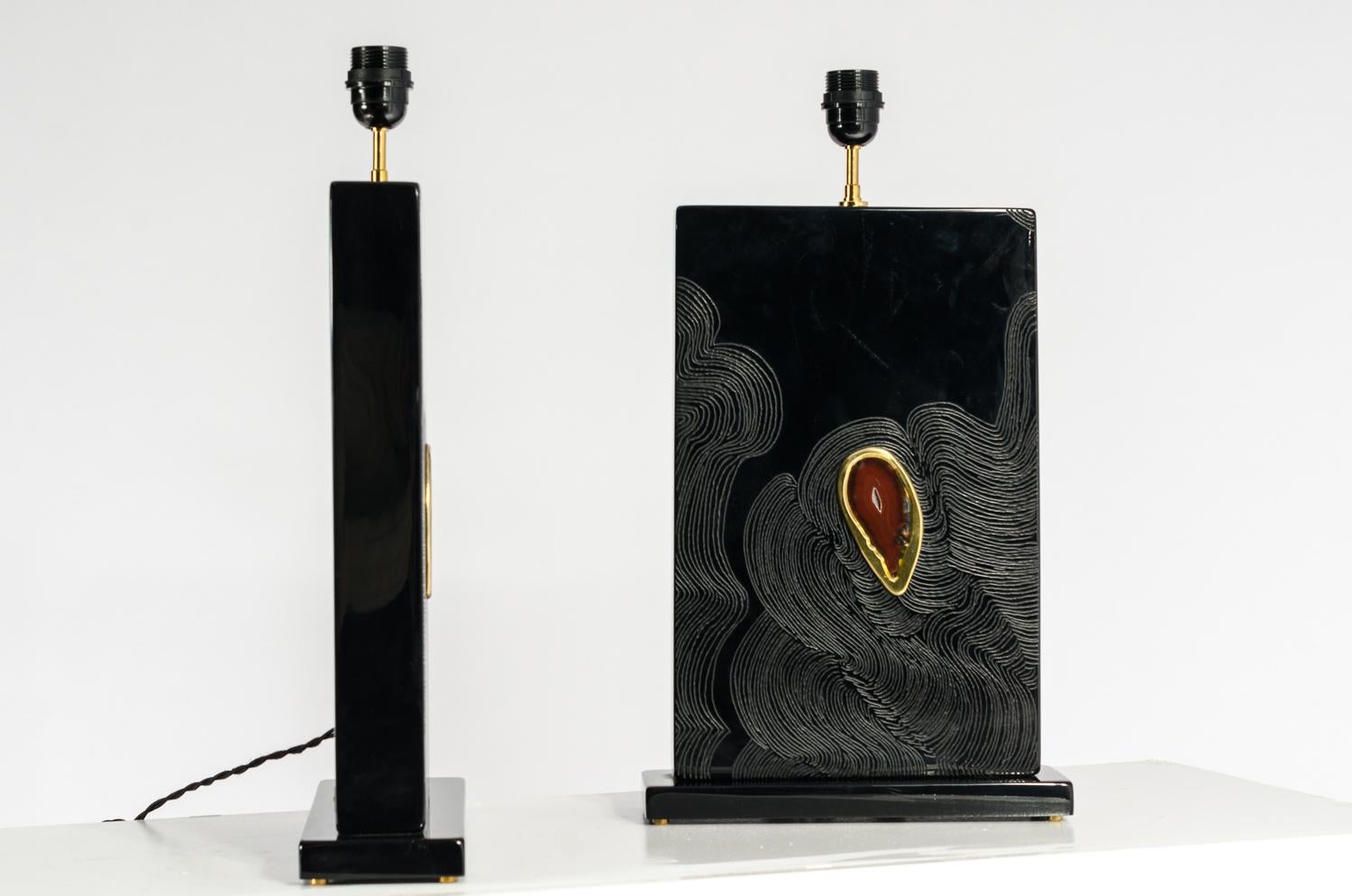 Contemporary Pair of Table Lamps in Black Resin Inlay agates by Stan Usel For Sale