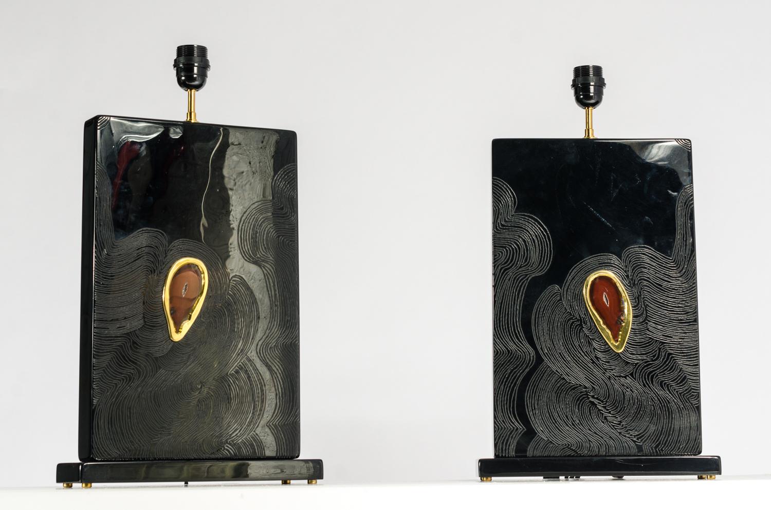 Pair of Table Lamps in Black Resin Inlay agates by Stan Usel For Sale 2