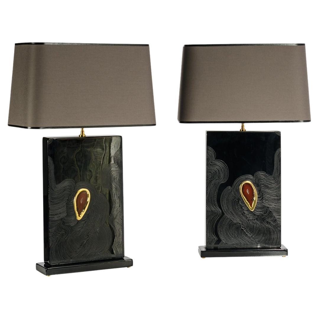 Pair of Table Lamps in Black Resin Inlay agates by Stan Usel For Sale