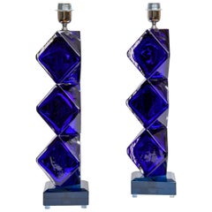 Pair of Table Lamps in Blue Murano Glass Signed "Toso Murano"