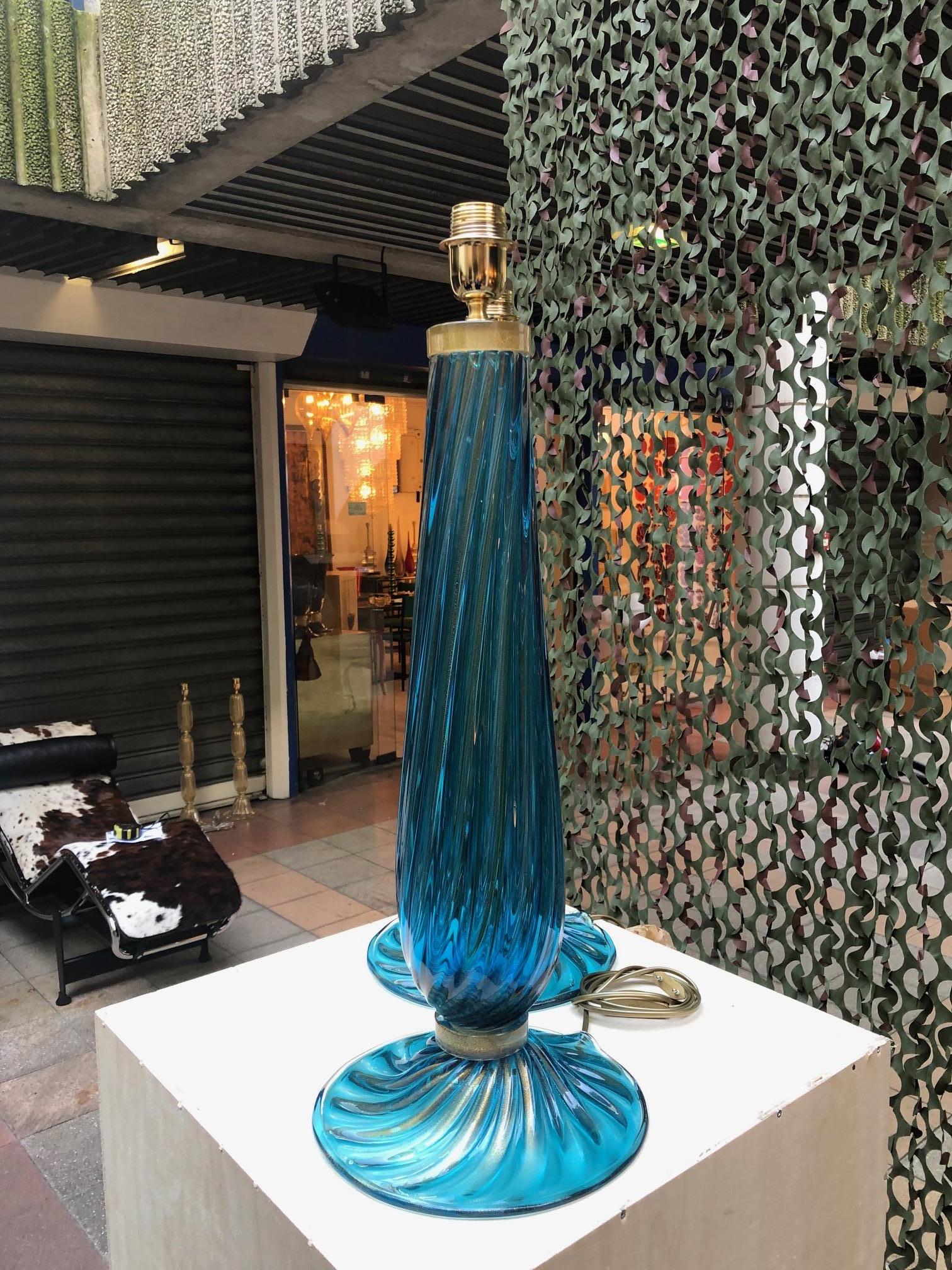 Pair of table lamps in blue Murano glass.