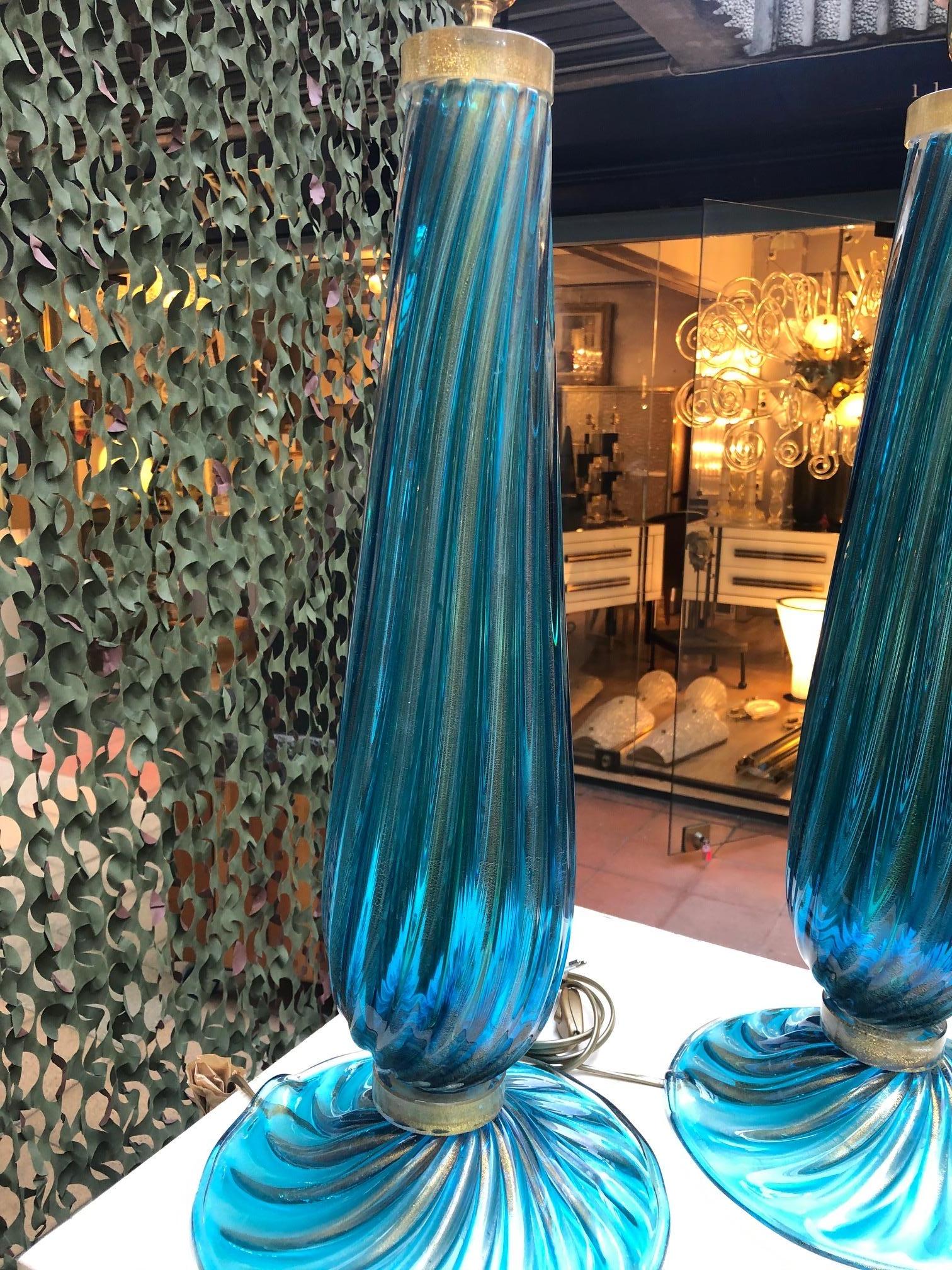 Italian Pair of Table Lamps in Blue Murano Glass