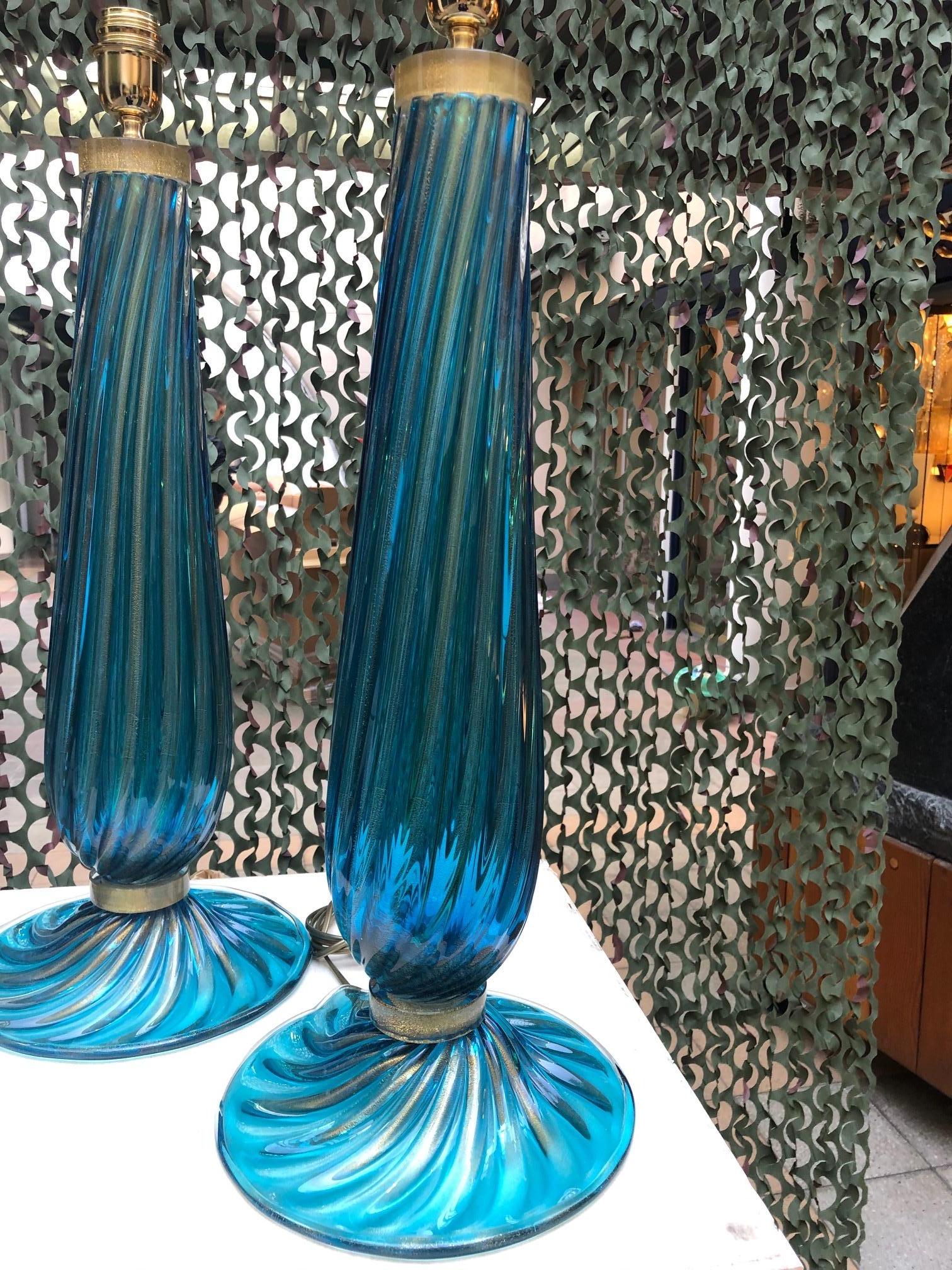Pair of Table Lamps in Blue Murano Glass In Good Condition In Saint ouen, FR