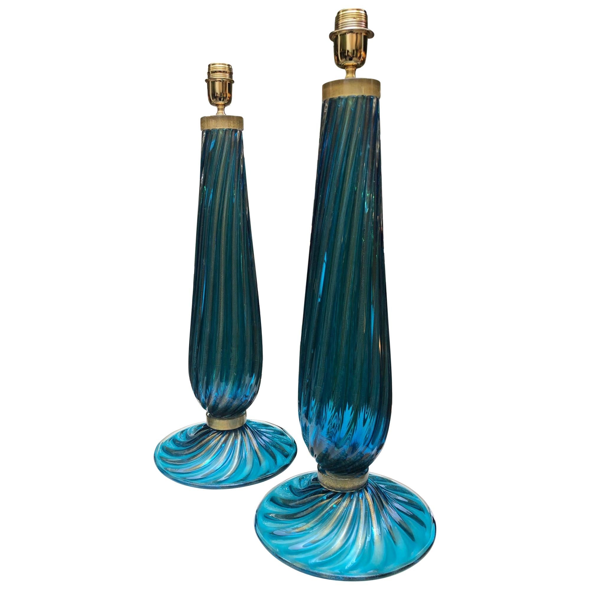 Pair of Table Lamps in Blue Murano Glass