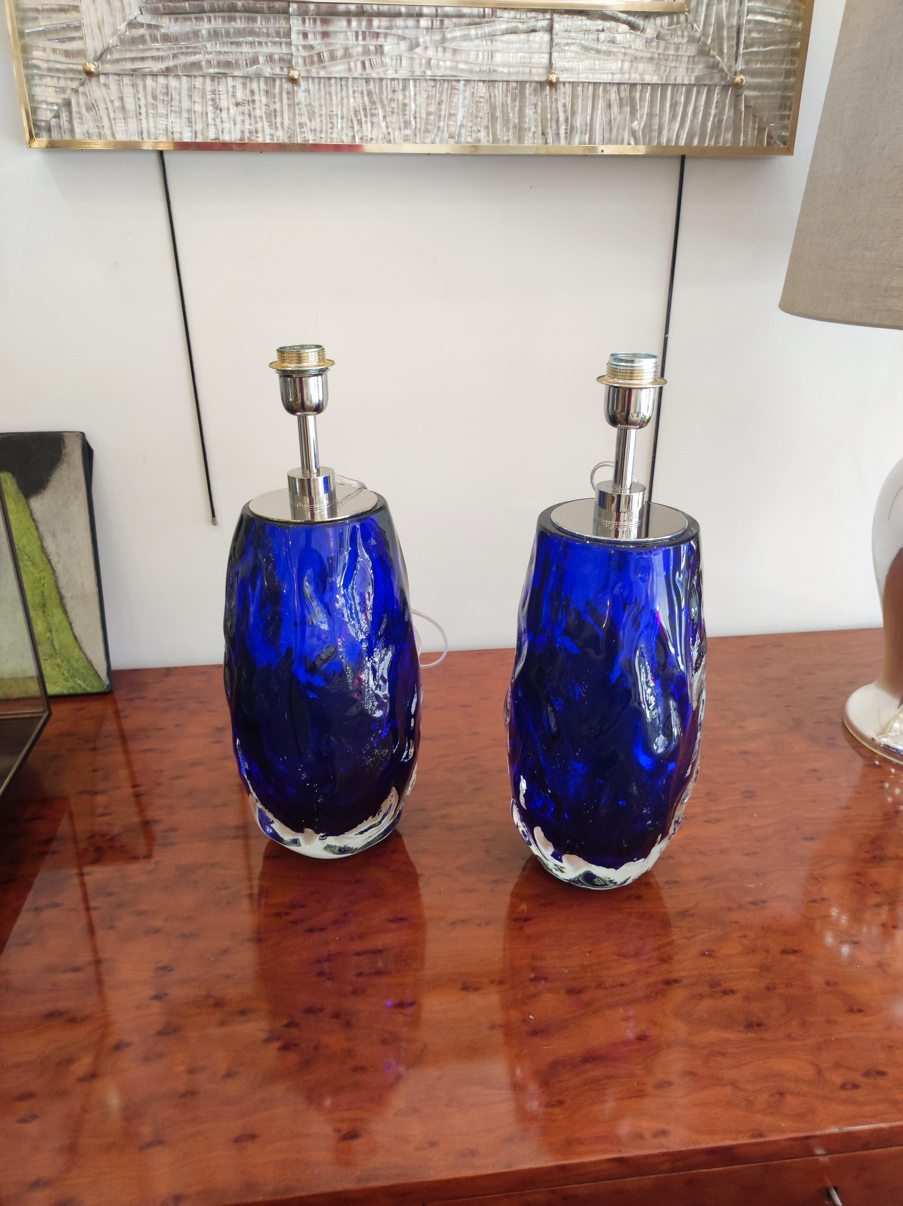 Pair of Table Lamps in blue Murano Glass For Sale 4