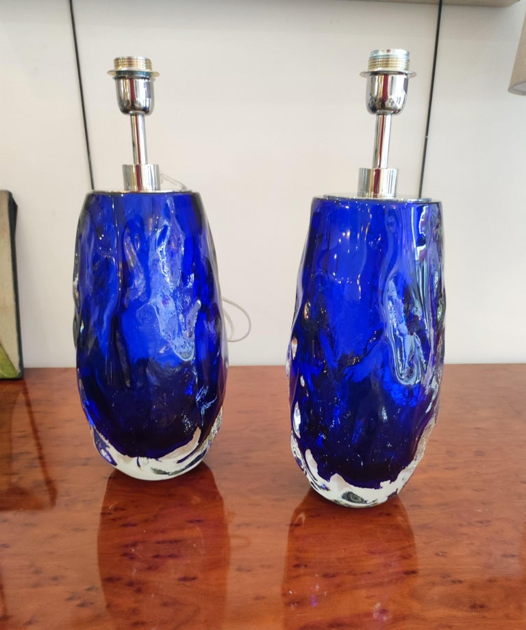 Pair of Table Lamps in blue Murano Glass For Sale at 1stDibs