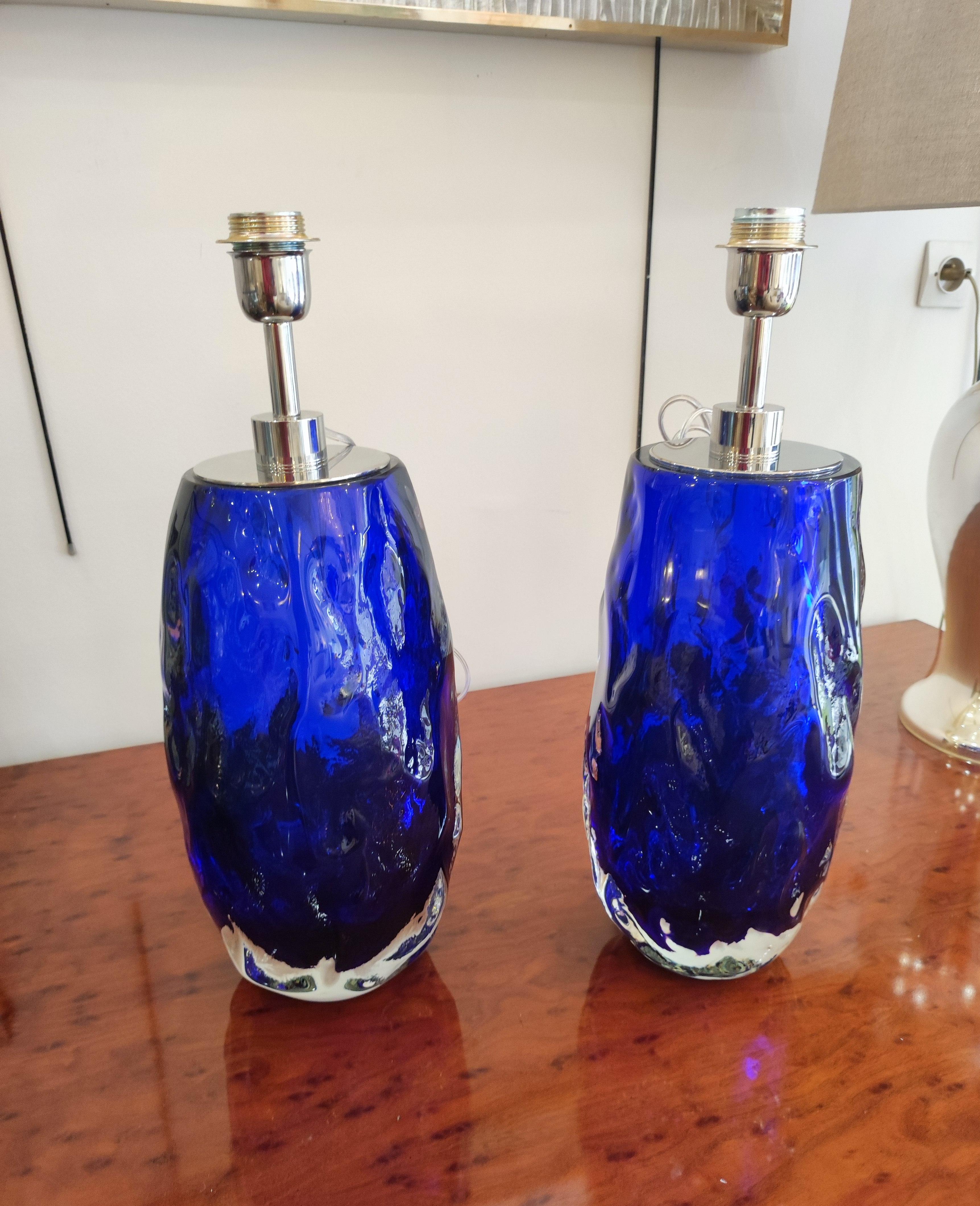 Italian Pair of Table Lamps in blue Murano Glass For Sale