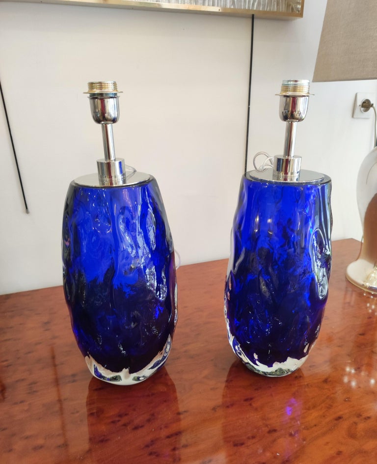 Pair of Table Lamps in blue Murano Glass For Sale at 1stDibs