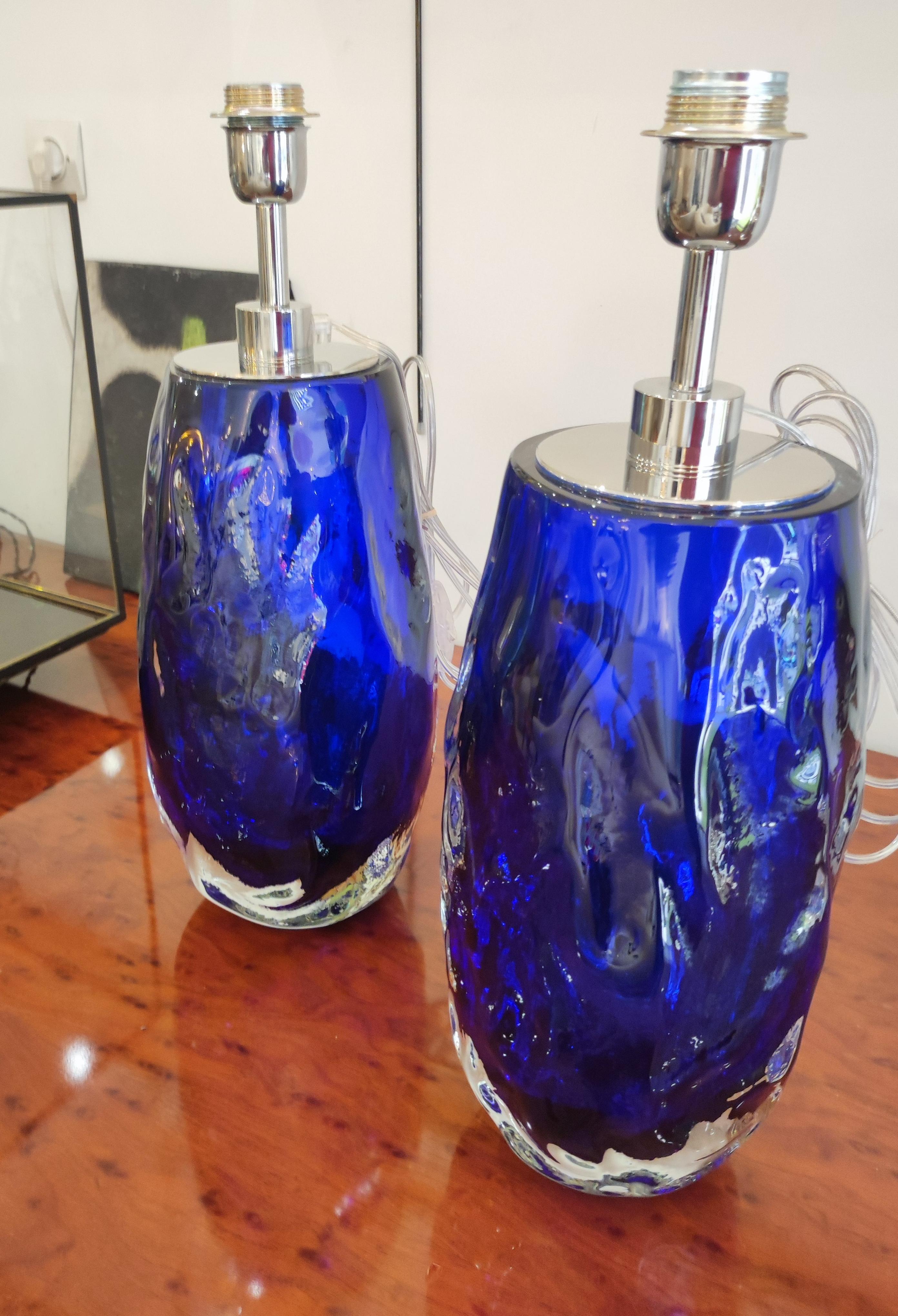 Pair of Table Lamps in blue Murano Glass In Excellent Condition For Sale In Saint-Ouen, FR
