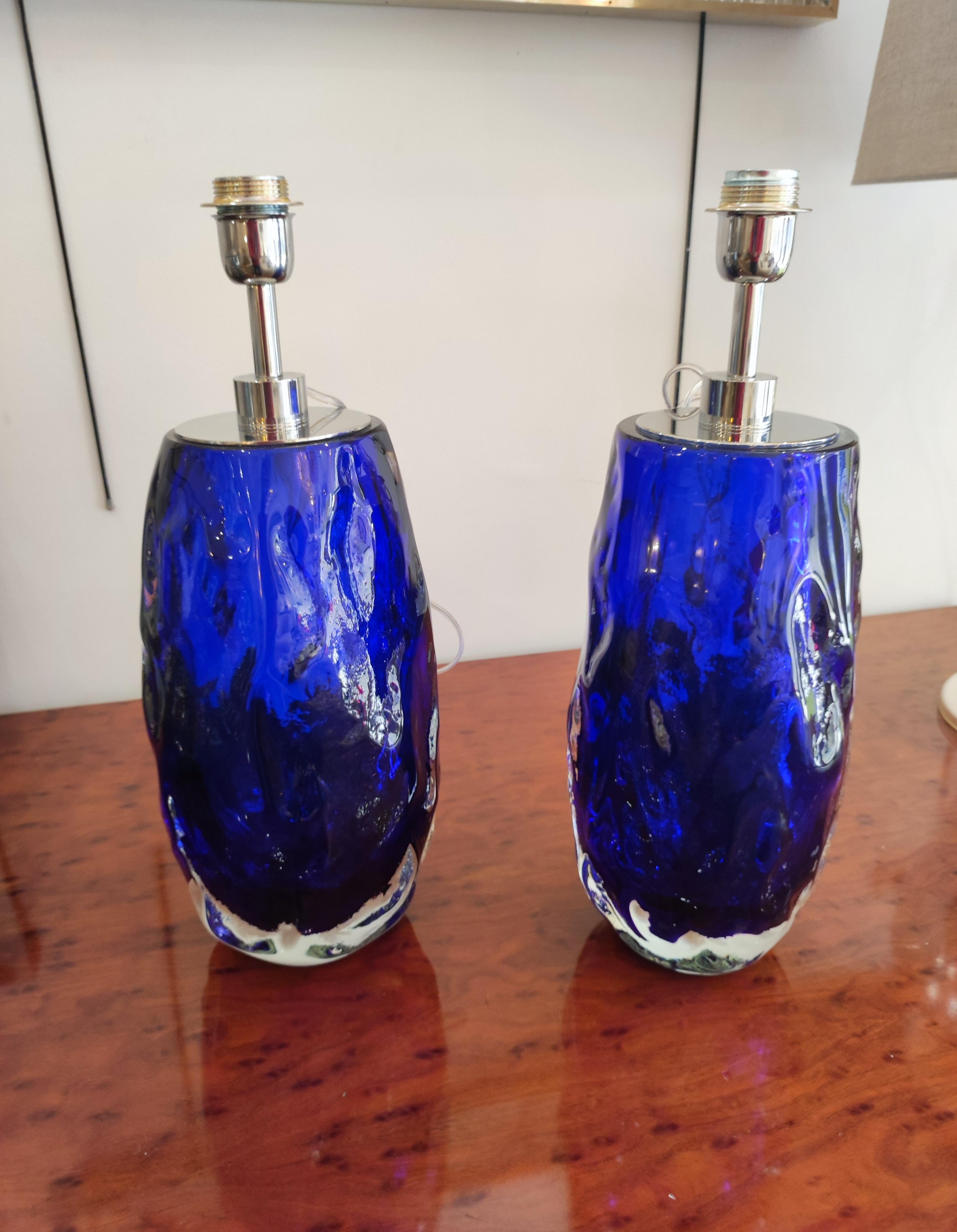 Pair of Table Lamps in blue Murano Glass For Sale 1