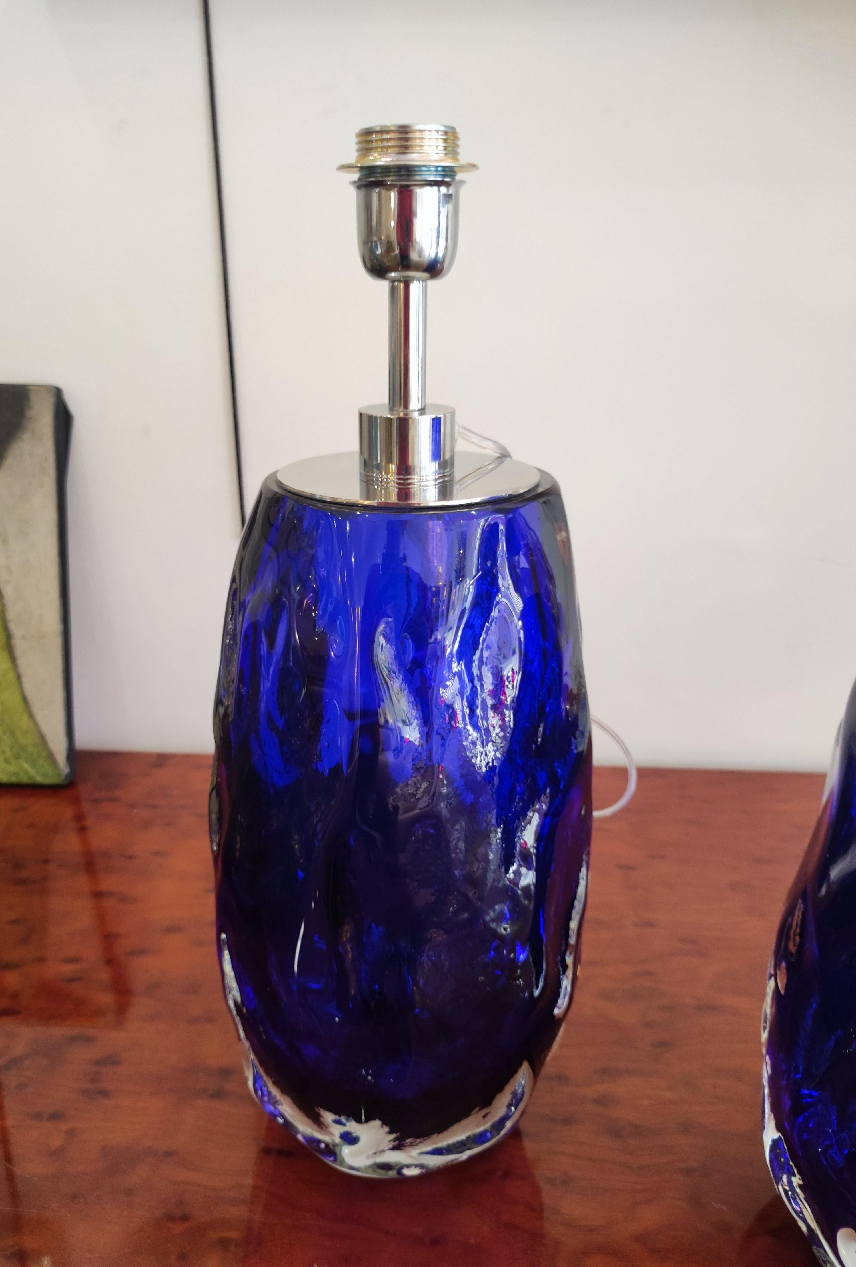 Pair of Table Lamps in blue Murano Glass For Sale 2