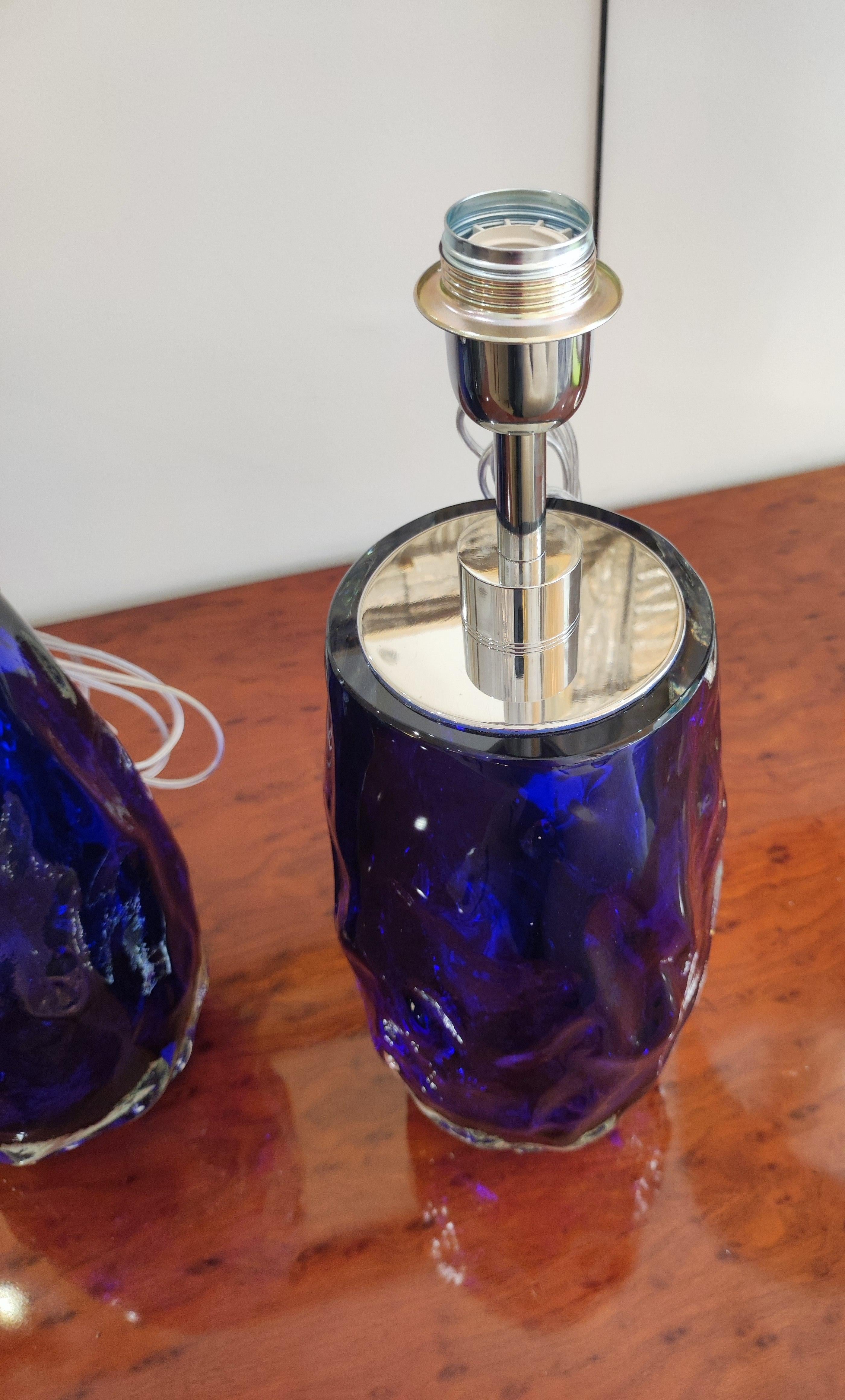 Pair of Table Lamps in blue Murano Glass For Sale 3