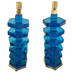 Pair of Table Lamps in Blue Murano Glass
