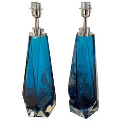 Pair of Table Lamps in Blue Murano Glass Signed A .Dona