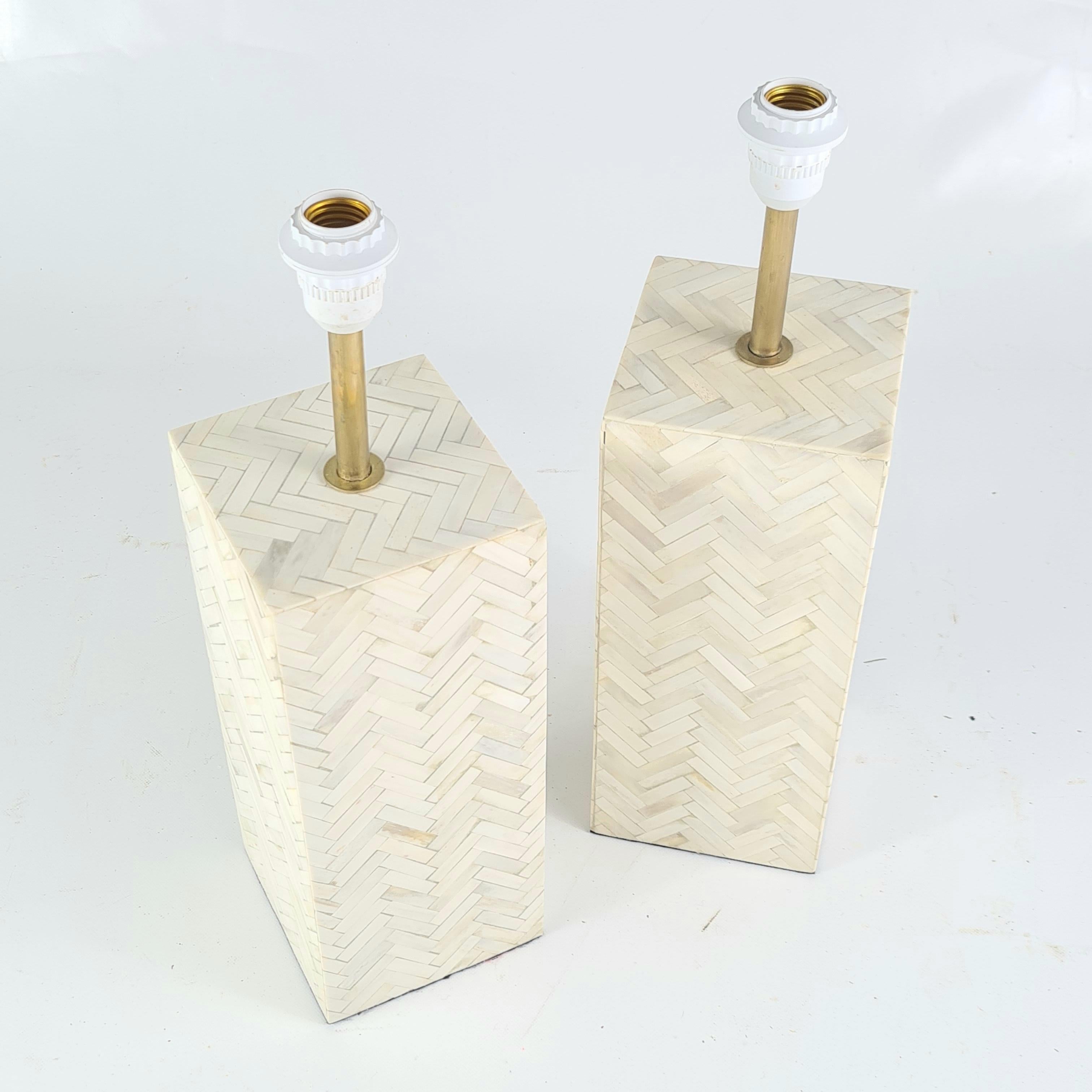 Pair of handmade bone marquetry and brass. Ready for you to match with any lamp shades.