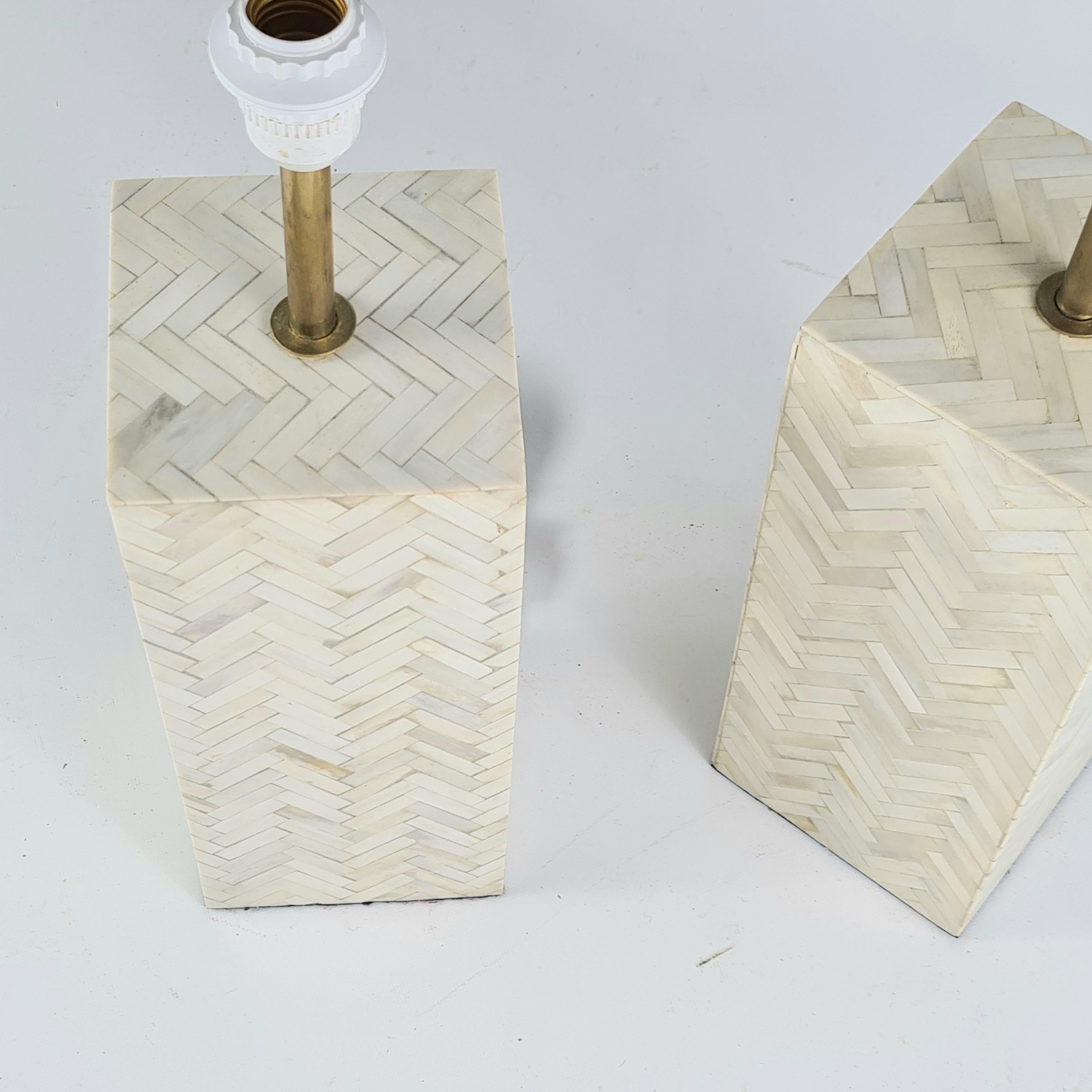 European Pair of Table Lamps in Bone Marquetry and Brass For Sale