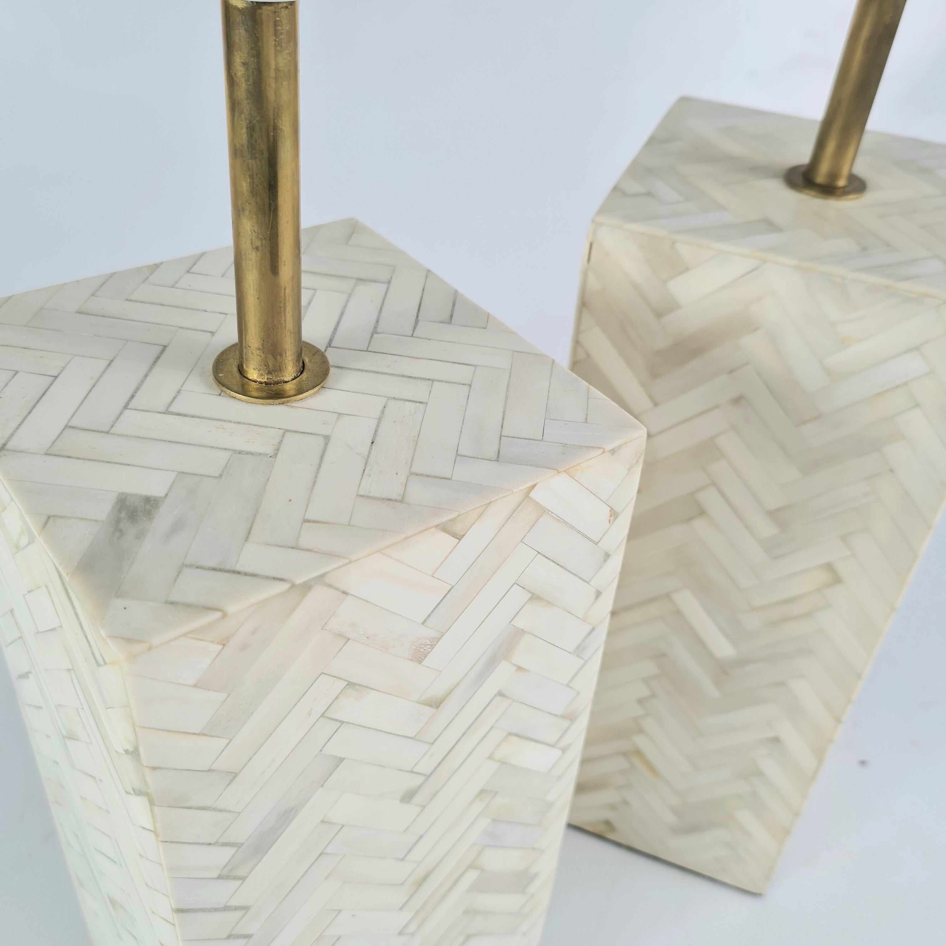 Pair of Table Lamps in Bone Marquetry and Brass For Sale 2
