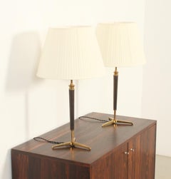 Pair of Table Lamps in Brass and Leather, France, 1950's
