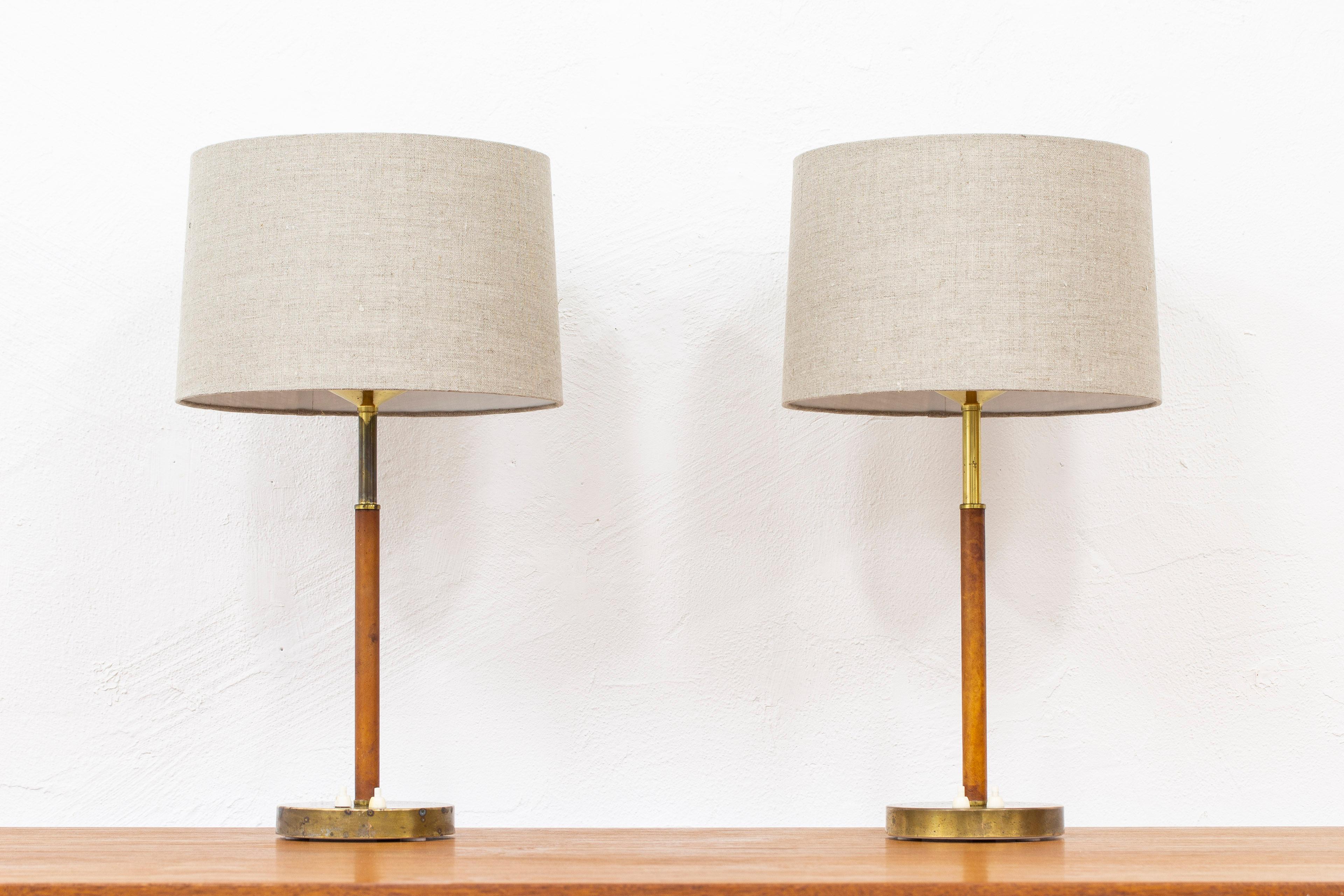 Scandinavian Modern Pair of Table Lamps in Brass and Original Leather by Bertil Brisborg, NK, Sweden