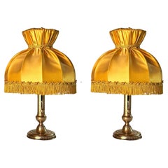 Antique Pair of table Lamps in Brass Gold Color Silk original Shades France 19th