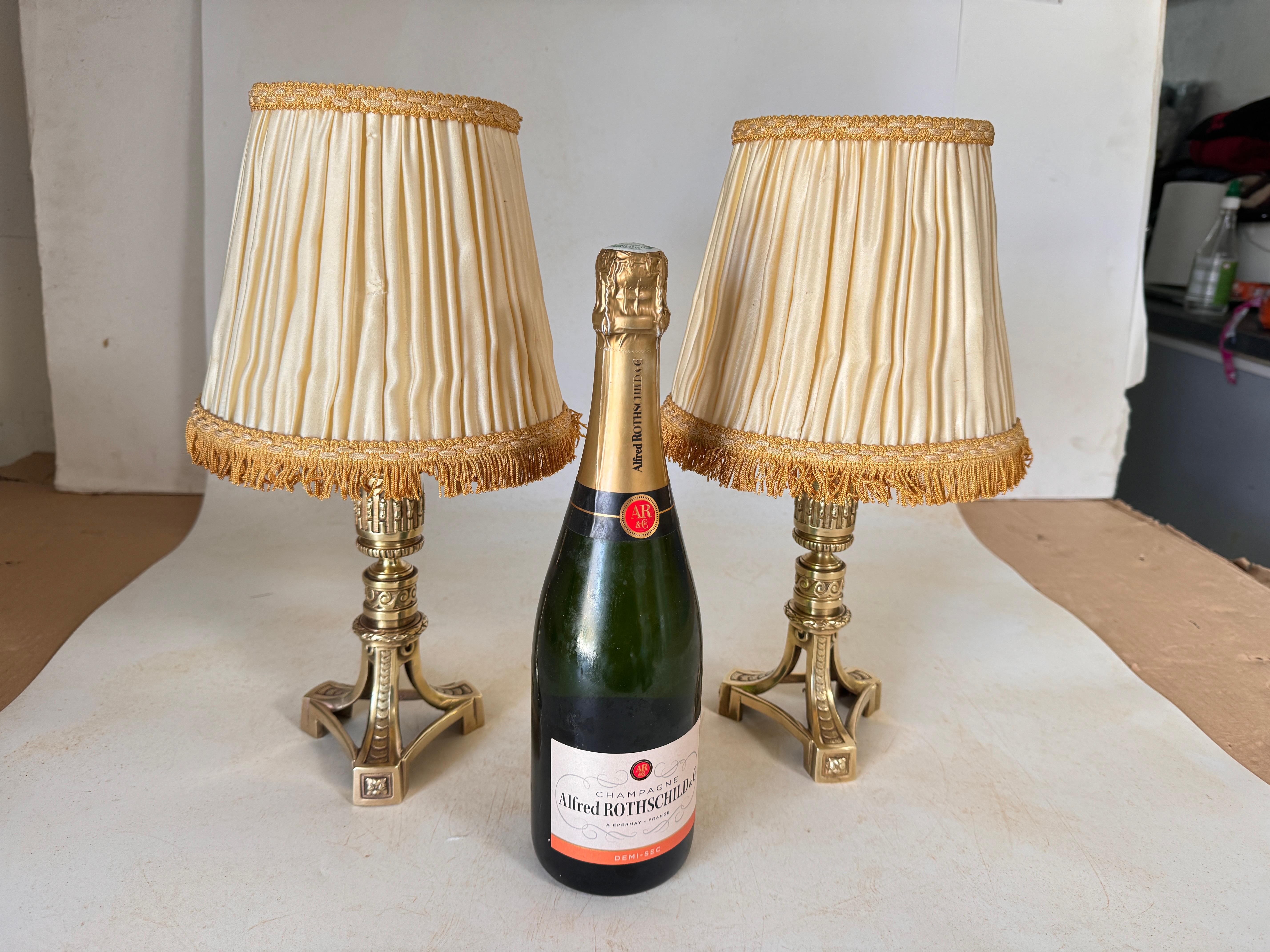This pair of table lamps is in the style of Empire. They were created in the 19th Century in France, they are in Bronze and silk for the shades. The color is Gold, it is a pair of very decorative lamp.

They are to be rewired
Without  shade :

High