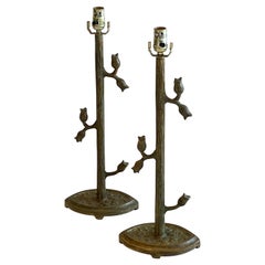 Pair of Table Lamps in Bronze Midcentury Faux Bois Jean-Michel Frank Style