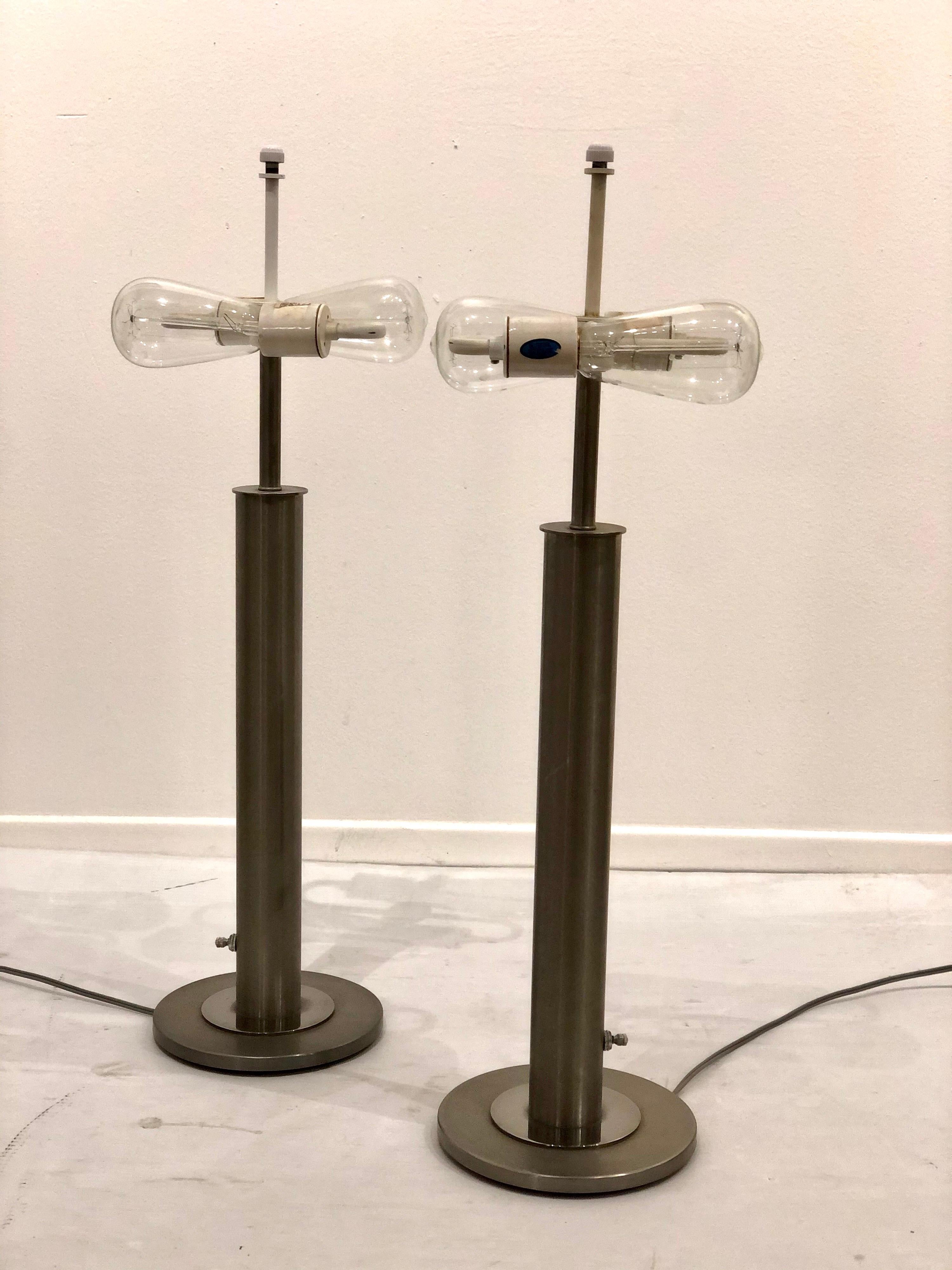 American Pair of Table Lamps in Brushed Steel and Chrome by Nessen Studios