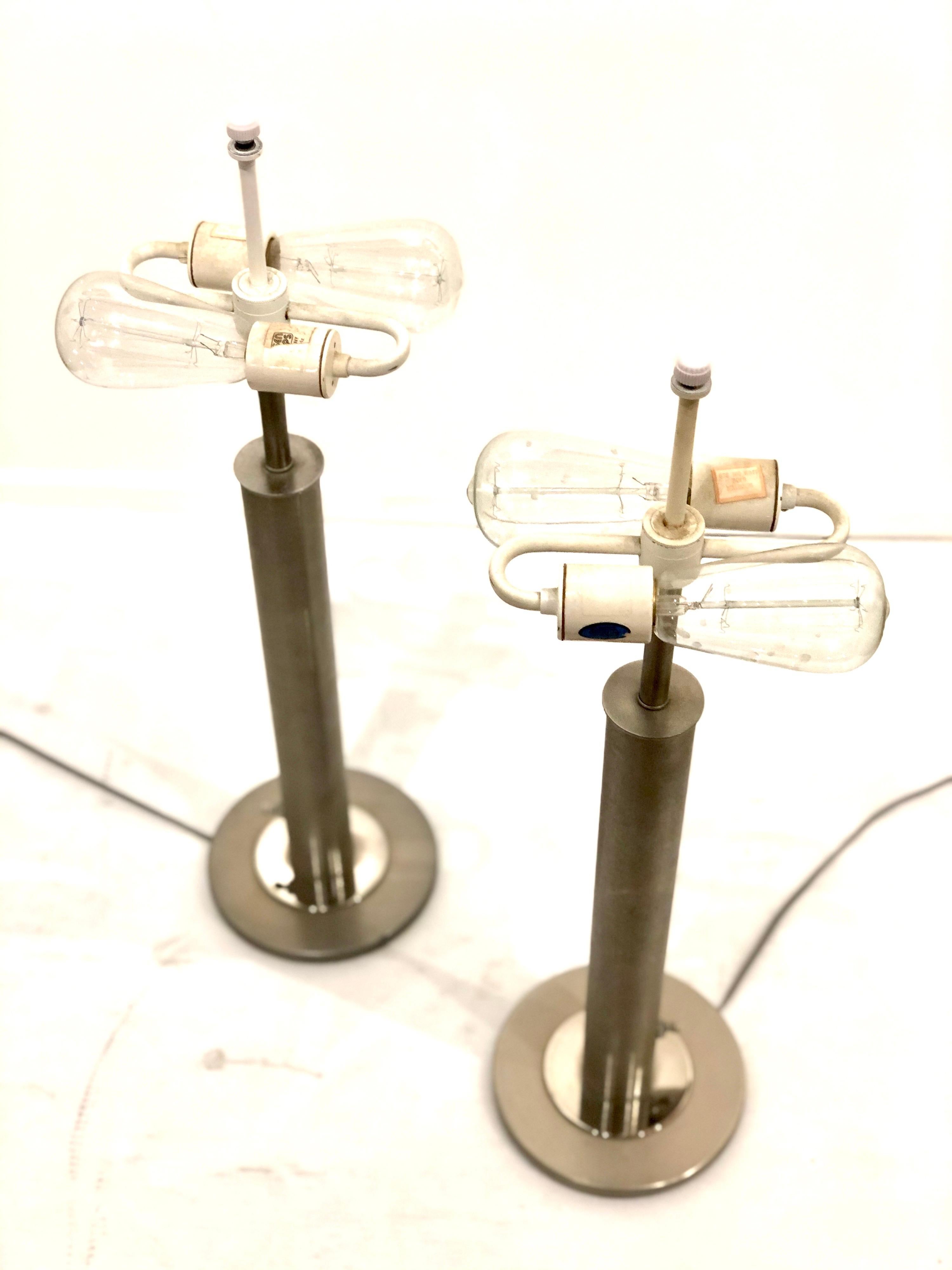 Pair of Table Lamps in Brushed Steel and Chrome by Nessen Studios In Good Condition In San Diego, CA