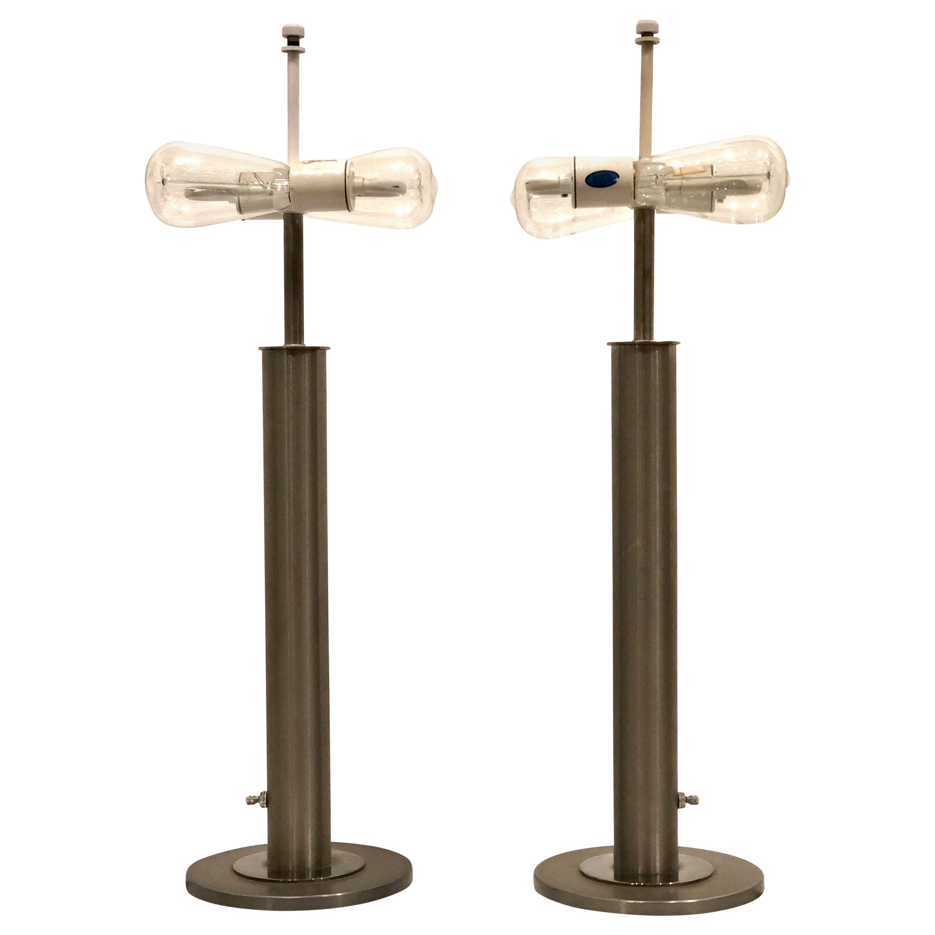 Pair of Table Lamps in Brushed Steel and Chrome by Nessen Studios
