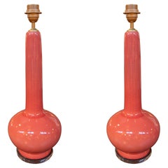 Pair of Table Lamps in Crackled Glazed Coral Ceramic, Mid-Century Style