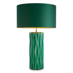 Pair of Table Lamps in Crackled Green Ceramic with a Patinated Brass Finish.