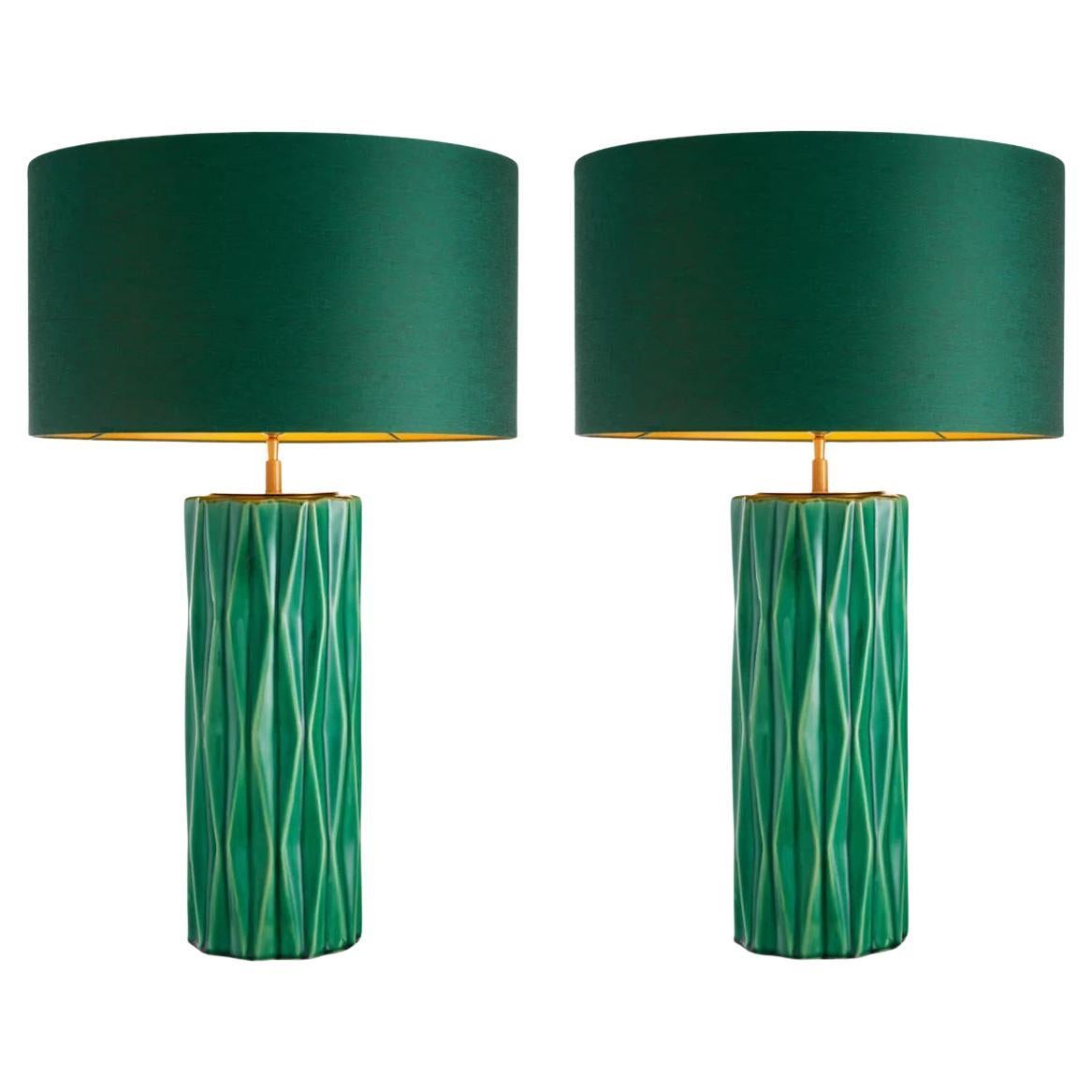 Pair of Table Lamps in Crackled Green Ceramic with a Patinated Brass Finish.