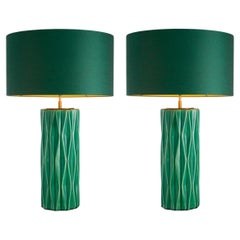 Pair of Table Lamps in Crackled Green Ceramic with a Patinated Brass Finish.