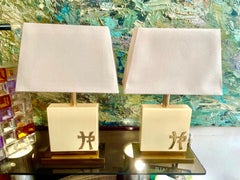 Pair of Table Lamps in Cream Lacquer and Brass by Jean-Claude Mahey, 1970s