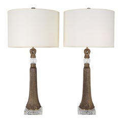 Pair of Table Lamps in Etched Bronze and Glass, 1950s