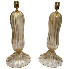Pair of Table Lamps in Gold Murano Glass Signed “Pauly Murano”