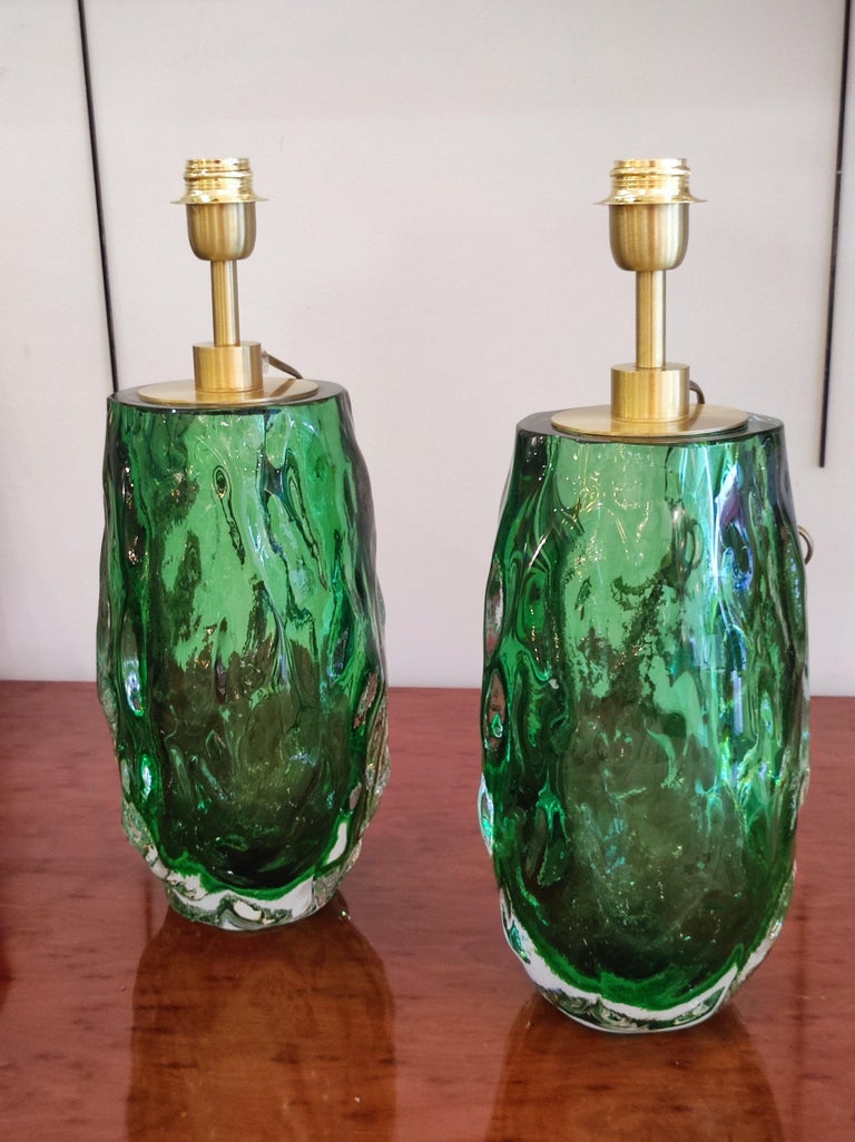 Pair of Table Lamps in Green Murano Glass For Sale at 1stDibs