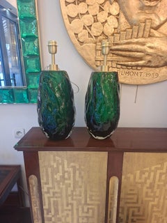Pair of Table Lamps in green Murano Glass