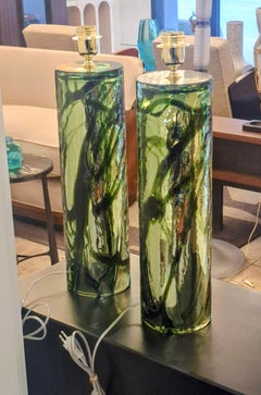 Pair of Table Lamps in Green Murano Glass