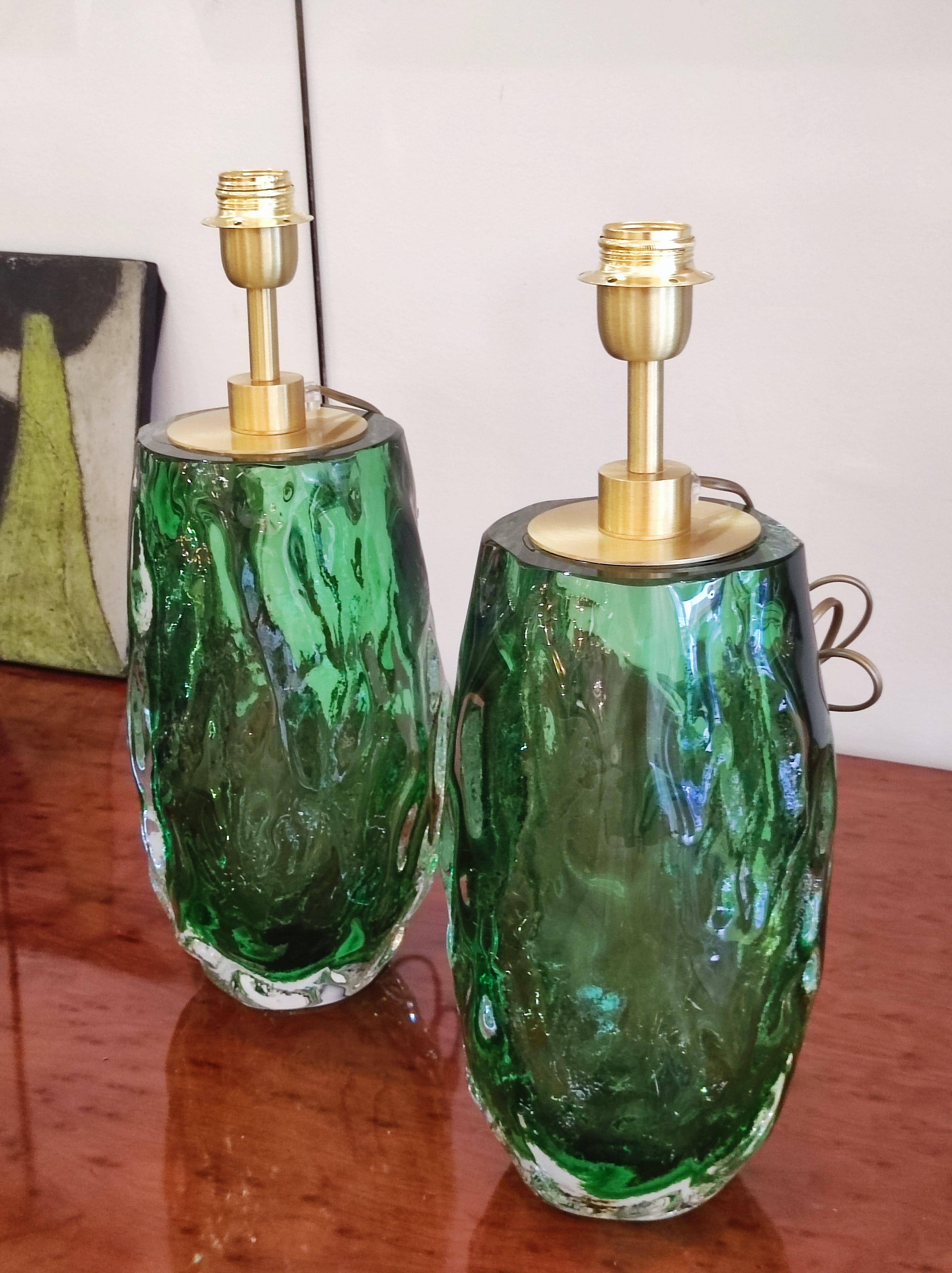 Modern Pair of Table Lamps in Green Murano Glass For Sale