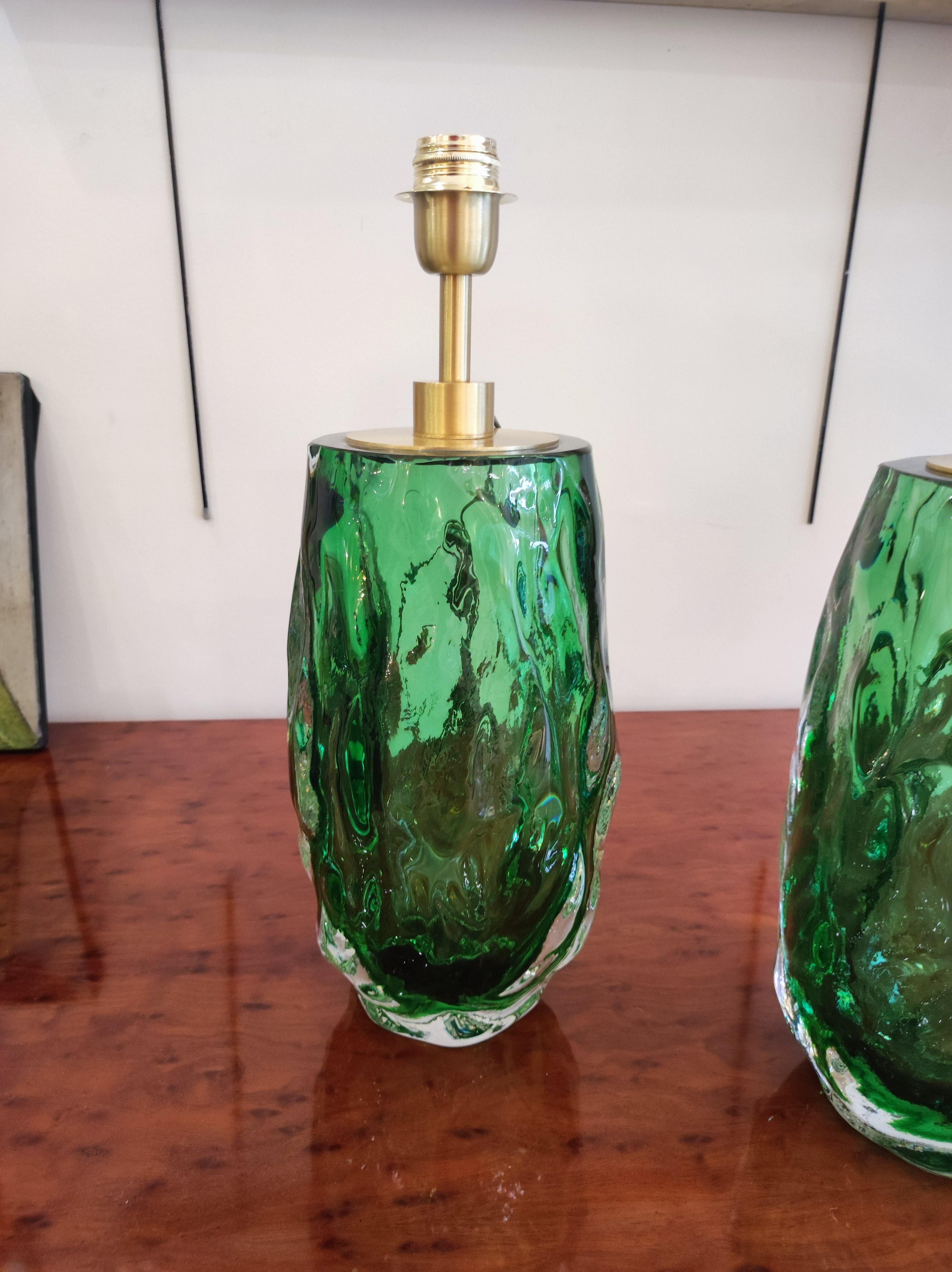 20th Century Pair of Table Lamps in Green Murano Glass For Sale