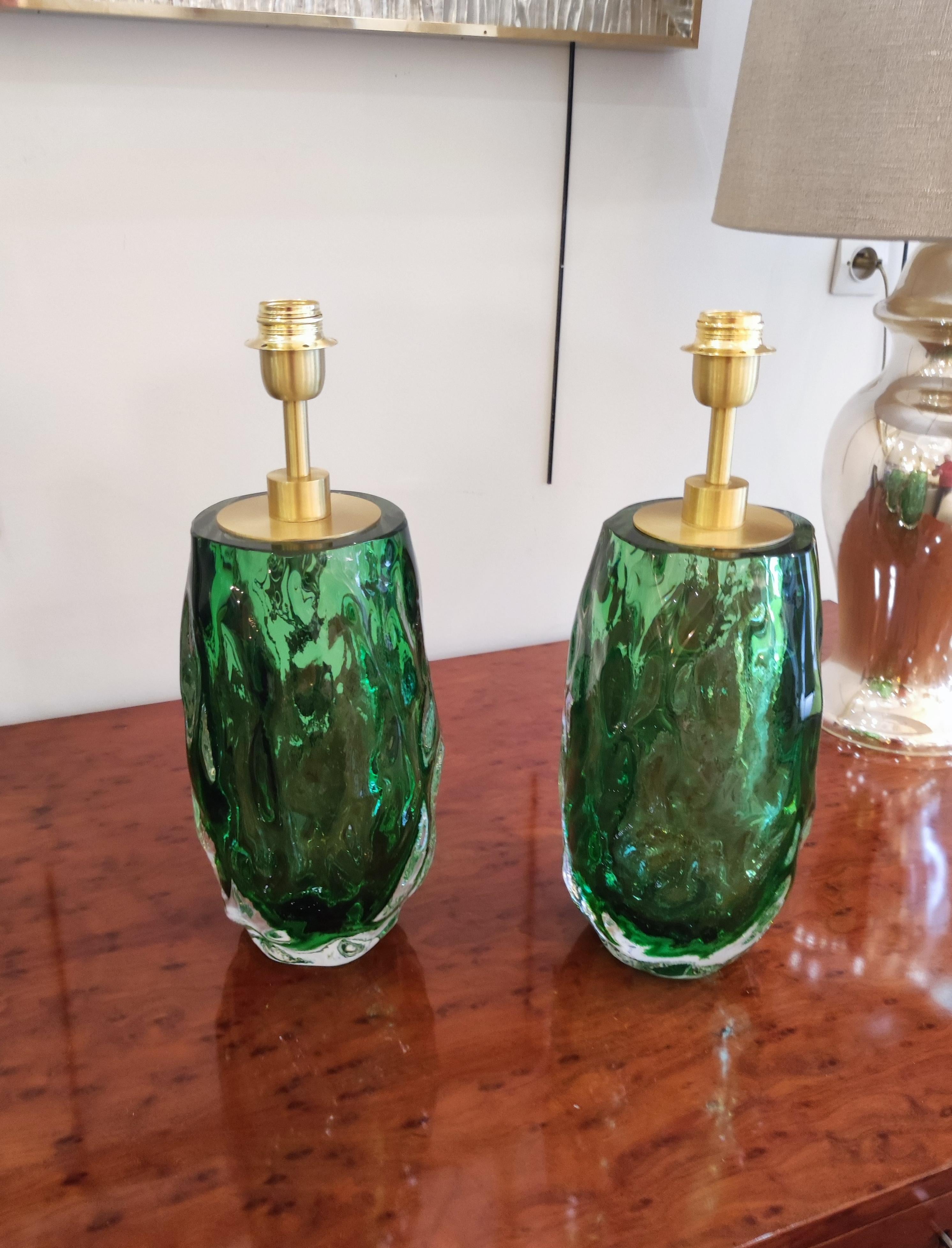 Pair of Table Lamps in Green Murano Glass For Sale 2